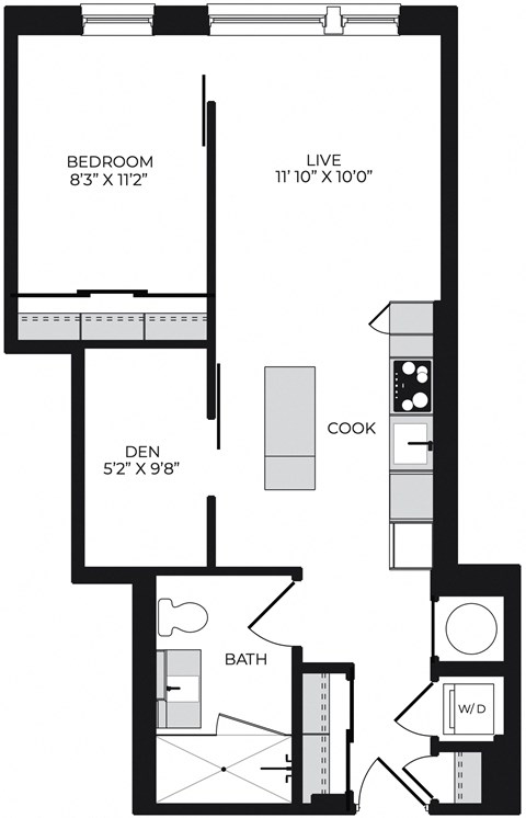 Floor plan for 1 bed, 1 bath, 625 sqft